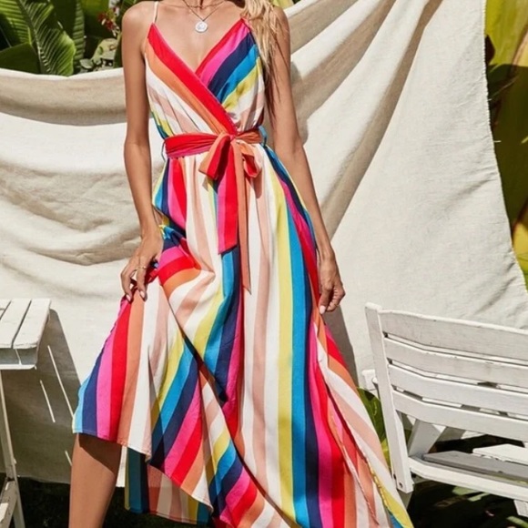 Boho Striped V neck Belted Cami Color Block Dress - Picture 4 of 5